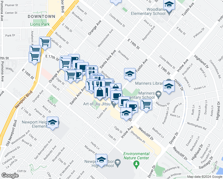 map of restaurants, bars, coffee shops, grocery stores, and more near 367 Rochester Street in Costa Mesa