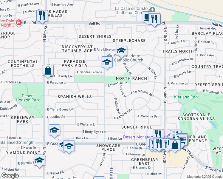 map of restaurants, bars, coffee shops, grocery stores, and more near 6002 East Paradise Drive in Scottsdale