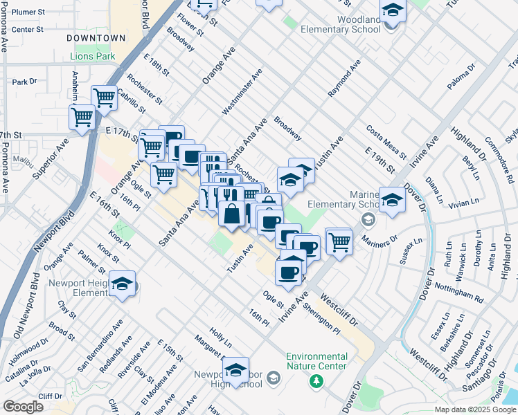 map of restaurants, bars, coffee shops, grocery stores, and more near in Costa Mesa