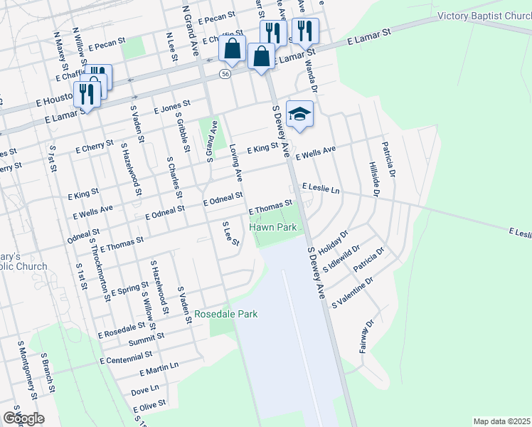 map of restaurants, bars, coffee shops, grocery stores, and more near 1210 South Dewey Avenue in Sherman