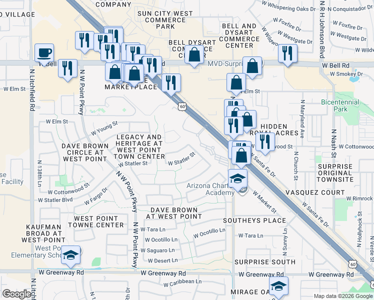 map of restaurants, bars, coffee shops, grocery stores, and more near 13274 West Market Street in Surprise