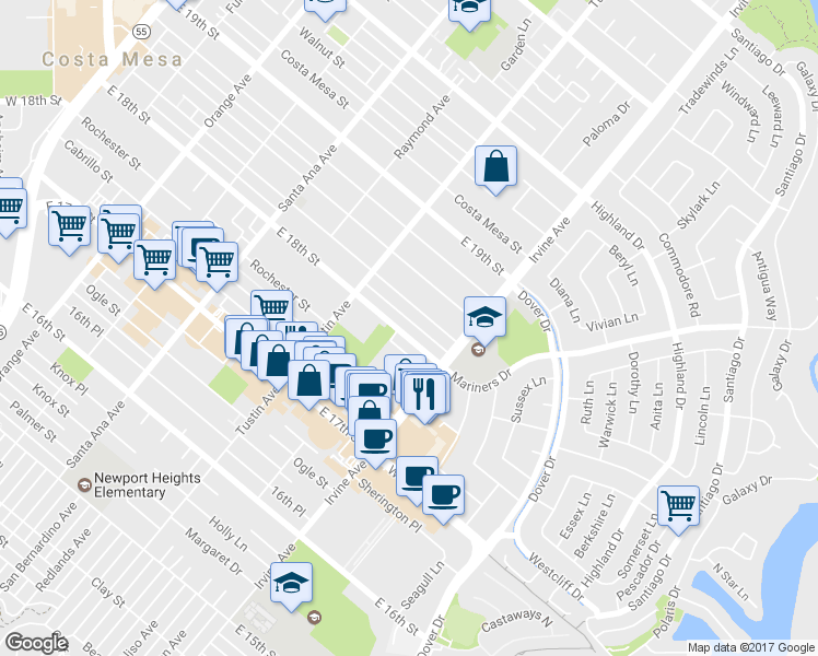 map of restaurants, bars, coffee shops, grocery stores, and more near 443 Magnolia Street in Costa Mesa