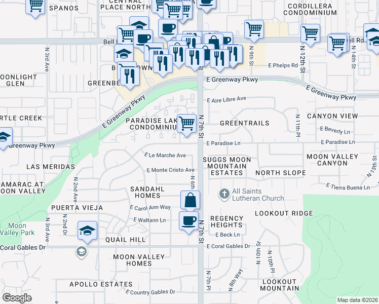 map of restaurants, bars, coffee shops, grocery stores, and more near 609 East Paradise Lane in Phoenix