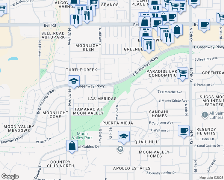 map of restaurants, bars, coffee shops, grocery stores, and more near 309 West Sumerset Drive in Phoenix