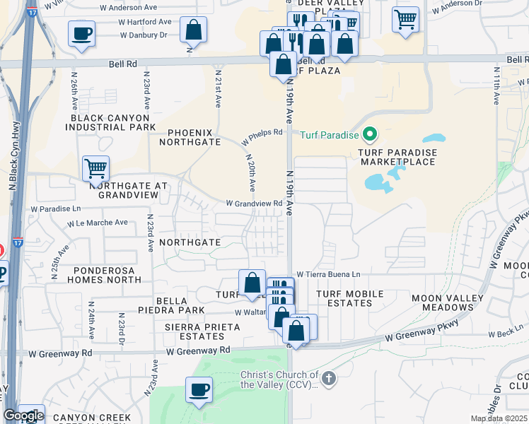 map of restaurants, bars, coffee shops, grocery stores, and more near 1968 West Davis Road in Phoenix