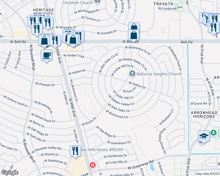 map of restaurants, bars, coffee shops, grocery stores, and more near 9530 West Cedar Hill Circle in Sun City