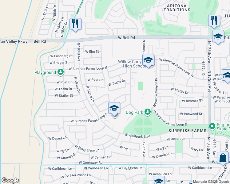 map of restaurants, bars, coffee shops, grocery stores, and more near 18046 West Statler Street in Surprise