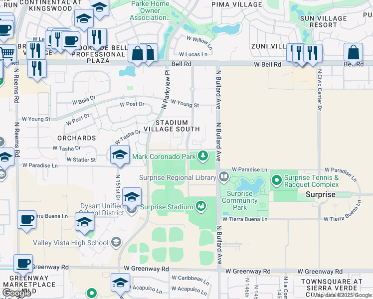 map of restaurants, bars, coffee shops, grocery stores, and more near 14820 West Paradise Lane in Surprise