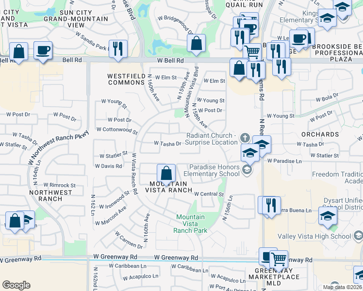 map of restaurants, bars, coffee shops, grocery stores, and more near 15895 West Tasha Drive in Surprise