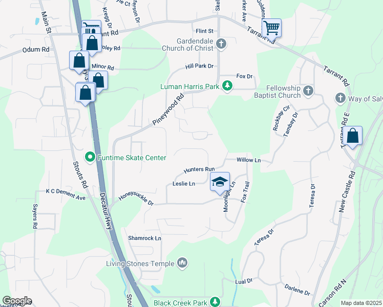 map of restaurants, bars, coffee shops, grocery stores, and more near 904 Leslie Lane in Gardendale