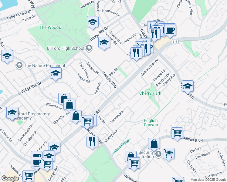 map of restaurants, bars, coffee shops, grocery stores, and more near 22718 Via Castilla in Lake Forest