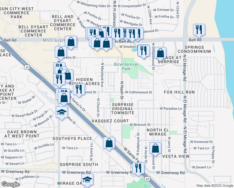 map of restaurants, bars, coffee shops, grocery stores, and more near 16402 North Nash Street in Surprise