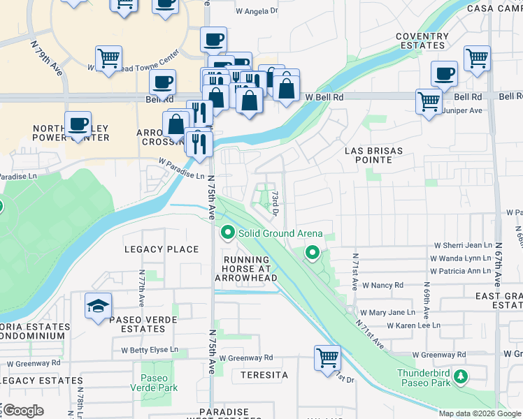 map of restaurants, bars, coffee shops, grocery stores, and more near 16312 North 73rd Drive in Peoria