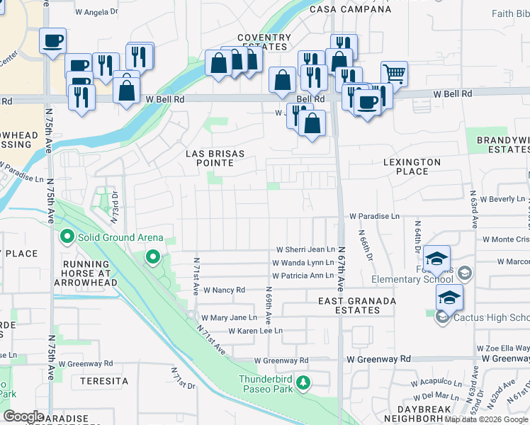 map of restaurants, bars, coffee shops, grocery stores, and more near 6914 West Linda Sue Lane in Peoria