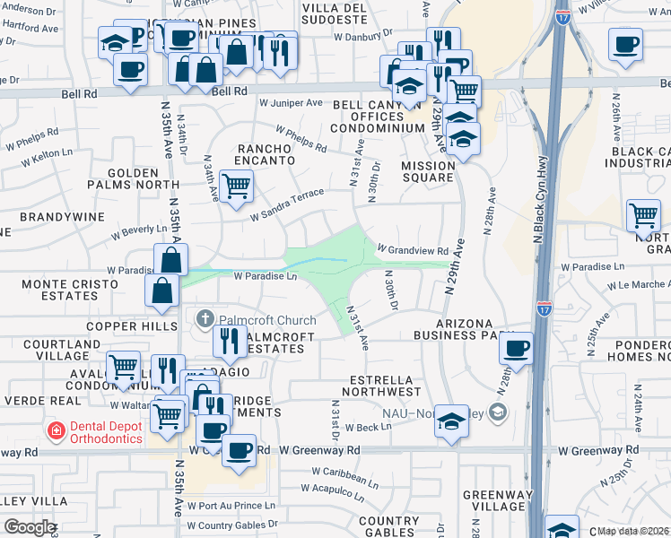 map of restaurants, bars, coffee shops, grocery stores, and more near 15645 North 31st Drive in Phoenix
