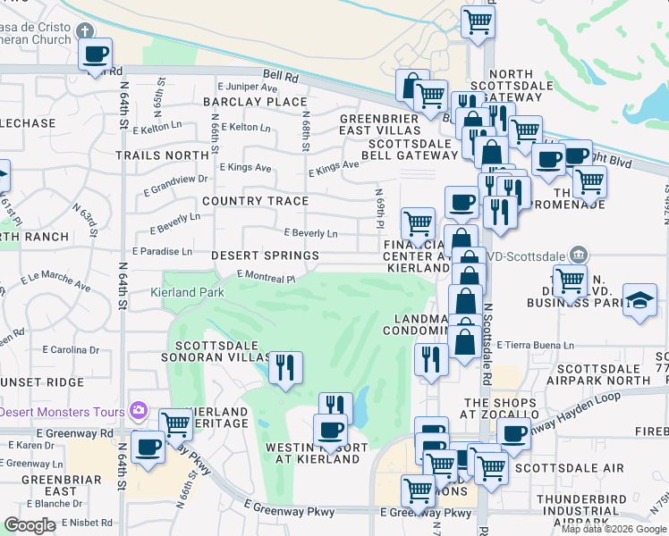 map of restaurants, bars, coffee shops, grocery stores, and more near 6831 East Paradise Lane in Scottsdale