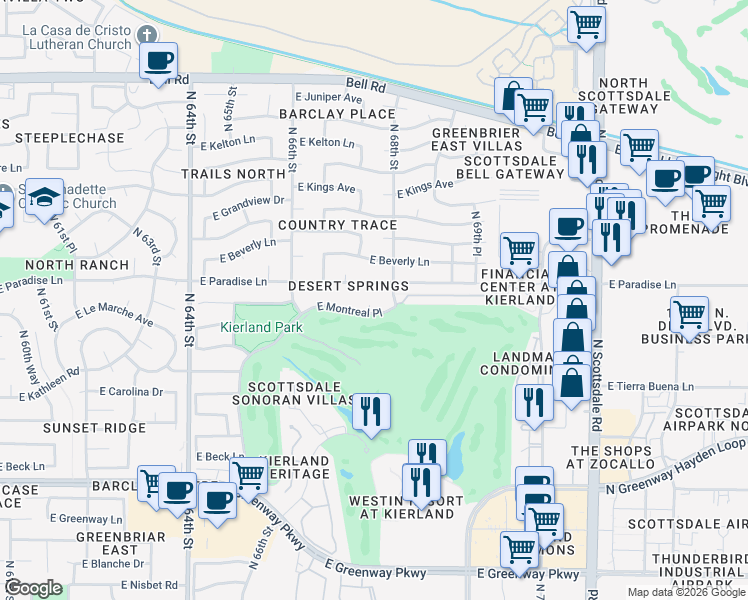 map of restaurants, bars, coffee shops, grocery stores, and more near 6769 East Paradise Lane in Scottsdale