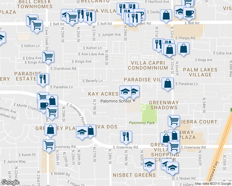 map of restaurants, bars, coffee shops, grocery stores, and more near 2814 East Le Marche Avenue in Phoenix