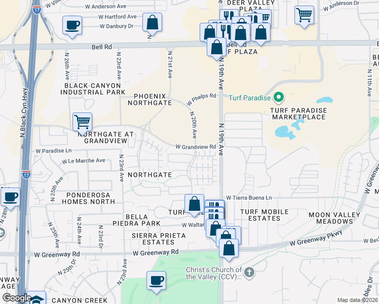 map of restaurants, bars, coffee shops, grocery stores, and more near 2022 West Davis Road in Phoenix