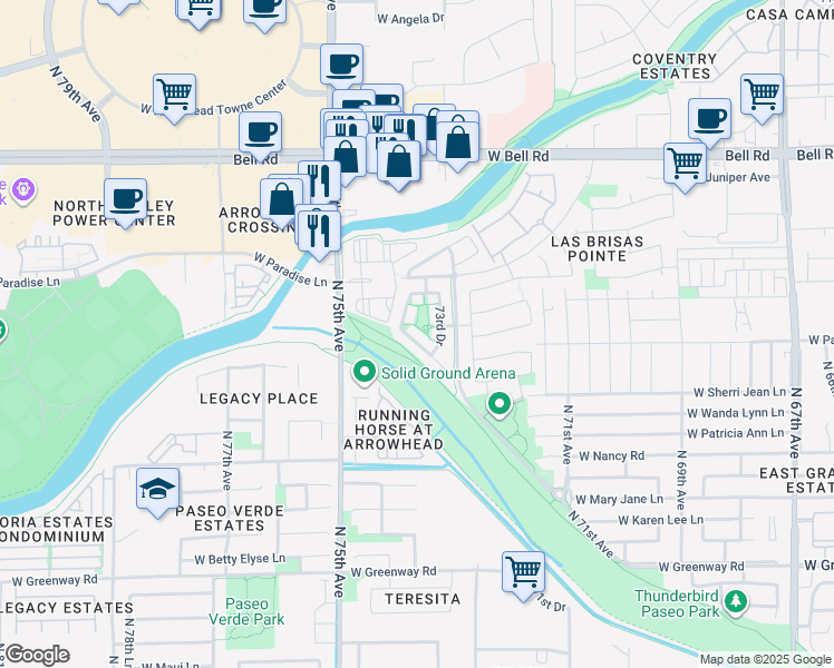map of restaurants, bars, coffee shops, grocery stores, and more near 16312 North 73rd Drive in Peoria