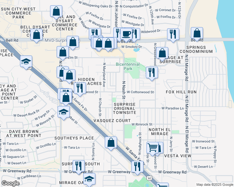 map of restaurants, bars, coffee shops, grocery stores, and more near 12742 West Cottonwood Street in Surprise