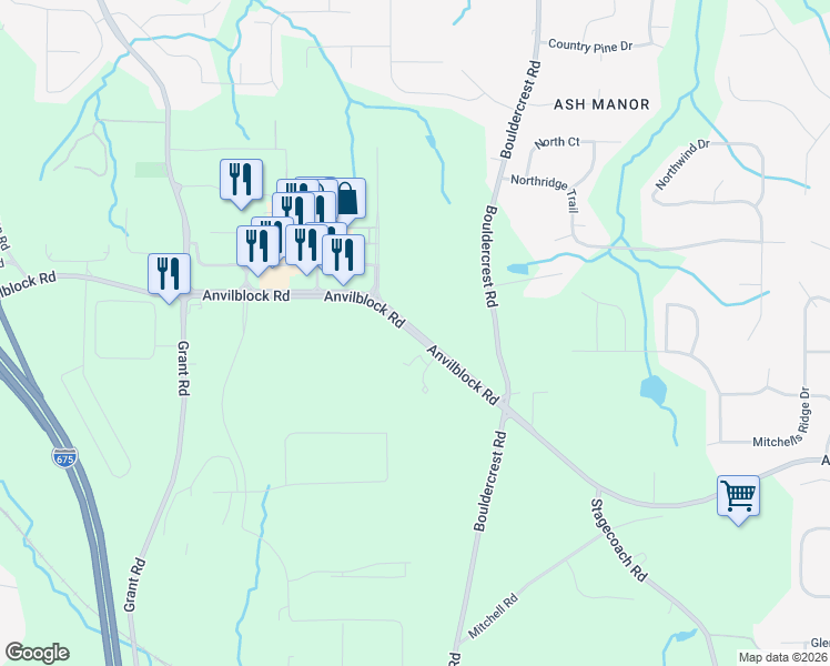 map of restaurants, bars, coffee shops, grocery stores, and more near 3182 Anvil Block Road in Ellenwood