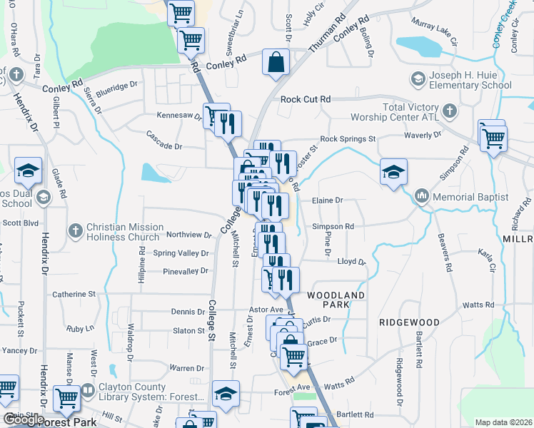 map of restaurants, bars, coffee shops, grocery stores, and more near 4478 Jonesboro Road in Forest Park