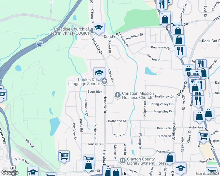 map of restaurants, bars, coffee shops, grocery stores, and more near 630 Ward Place in Forest Park