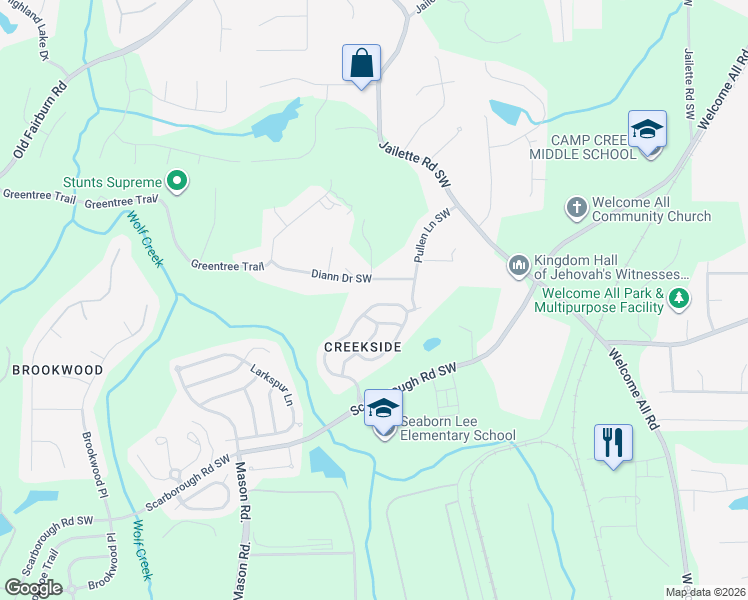 map of restaurants, bars, coffee shops, grocery stores, and more near 4597 Creekside Cove in Atlanta