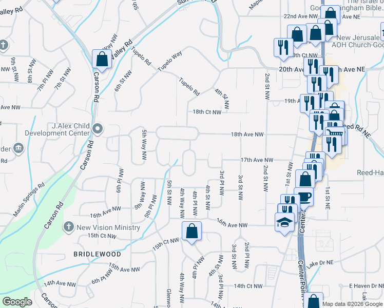 map of restaurants, bars, coffee shops, grocery stores, and more near 1709 4th Place Northwest in Center Point