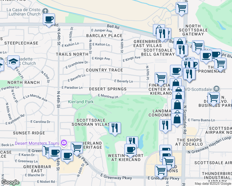 map of restaurants, bars, coffee shops, grocery stores, and more near 6738 East Montreal Place in Scottsdale