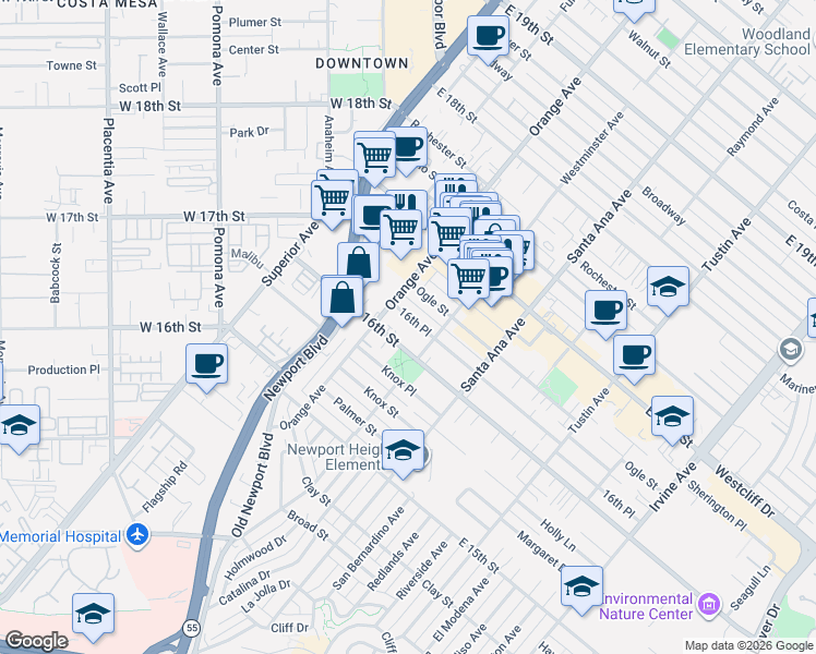 map of restaurants, bars, coffee shops, grocery stores, and more near 225 16th Place in Costa Mesa