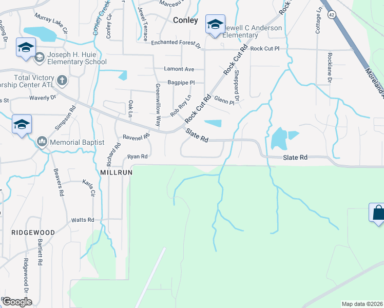 map of restaurants, bars, coffee shops, grocery stores, and more near 1618 Mallard Circle in Conley