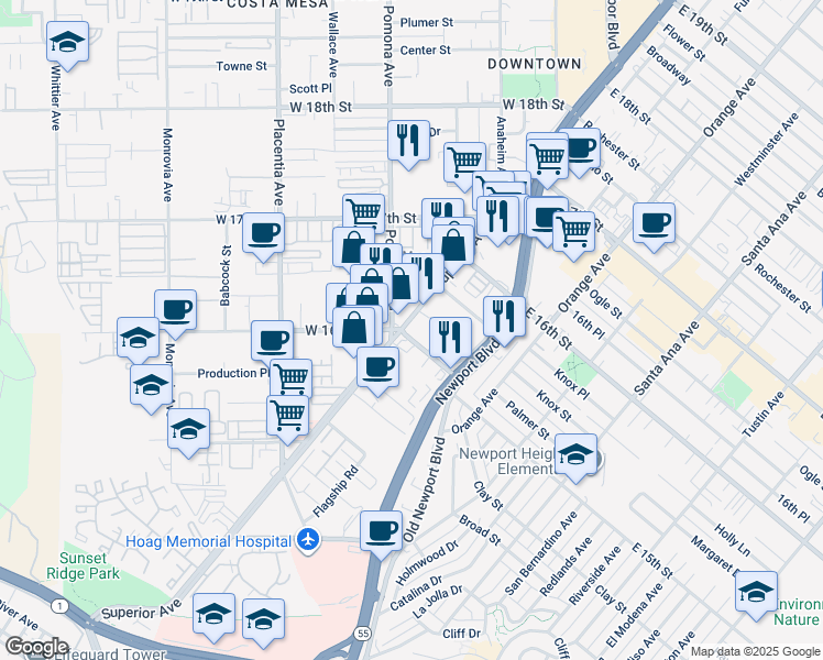 map of restaurants, bars, coffee shops, grocery stores, and more near 1617 Superior Avenue in Costa Mesa