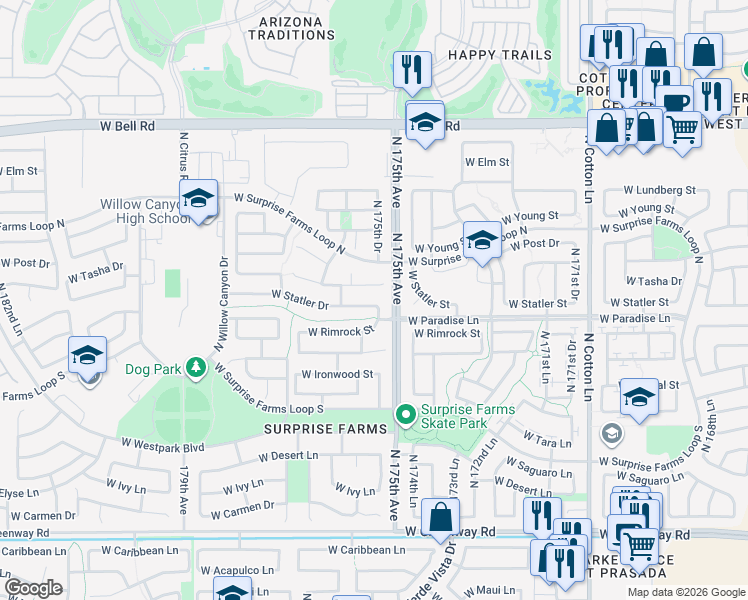 map of restaurants, bars, coffee shops, grocery stores, and more near 17534 West Statler Drive in Surprise