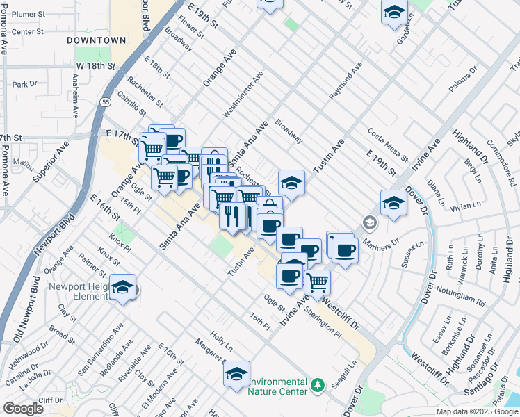 map of restaurants, bars, coffee shops, grocery stores, and more near 1741 Tustin Avenue in Costa Mesa