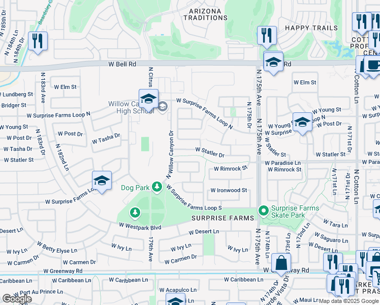 map of restaurants, bars, coffee shops, grocery stores, and more near 17782 West Statler Drive in Surprise
