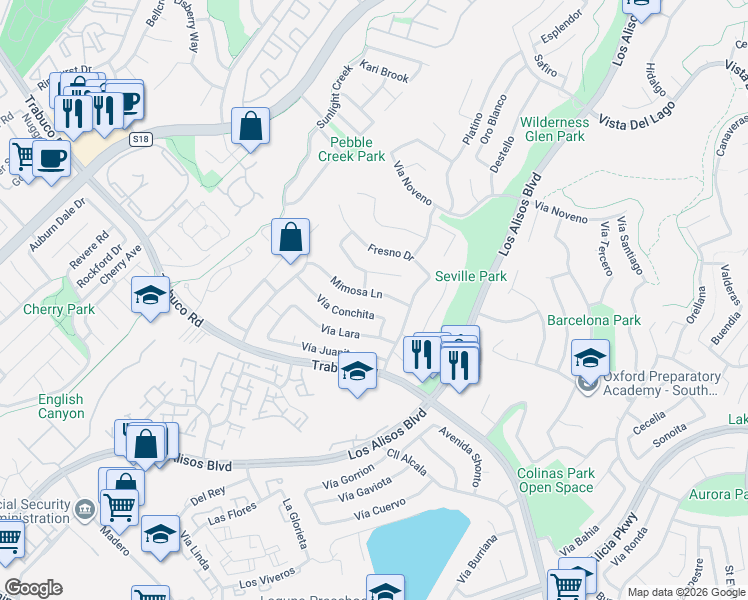 map of restaurants, bars, coffee shops, grocery stores, and more near 26512 Mimosa Lane in Mission Viejo
