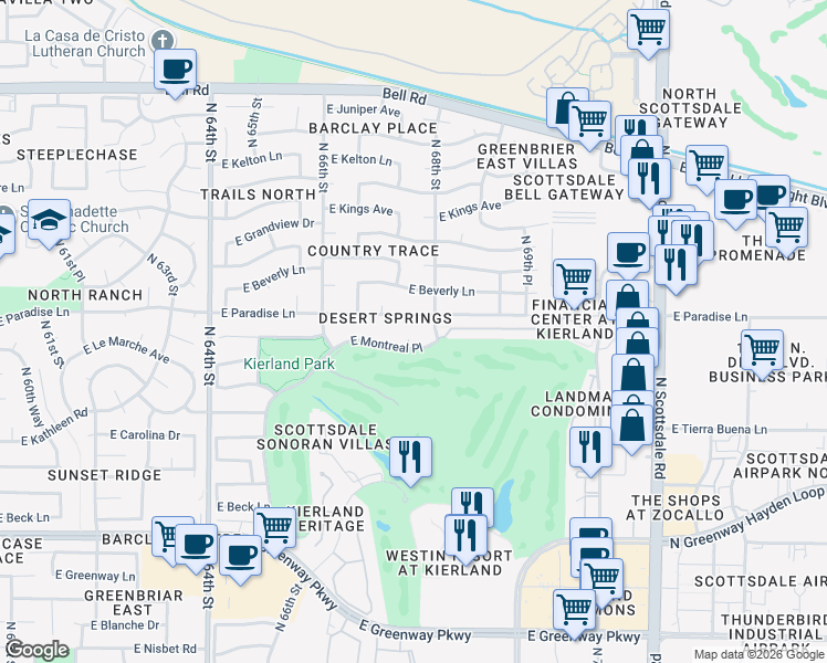 map of restaurants, bars, coffee shops, grocery stores, and more near 6769 East Paradise Lane in Scottsdale