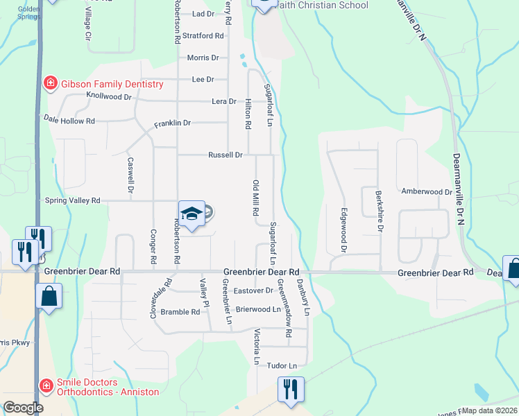 map of restaurants, bars, coffee shops, grocery stores, and more near 1024 Old Mill Road in Anniston