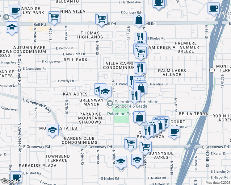 map of restaurants, bars, coffee shops, grocery stores, and more near 16035 North 30th Street in Phoenix