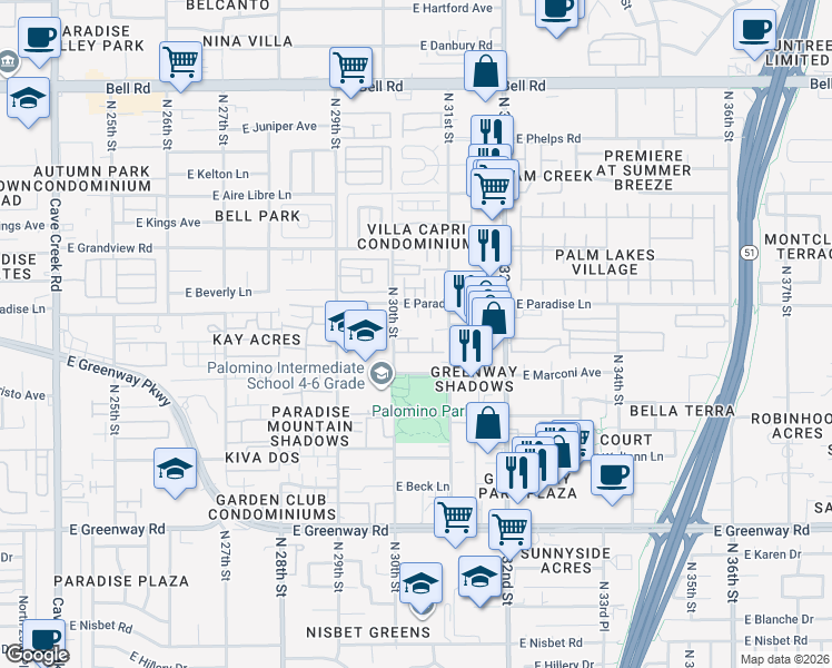 map of restaurants, bars, coffee shops, grocery stores, and more near 16021 North 30th Street in Phoenix