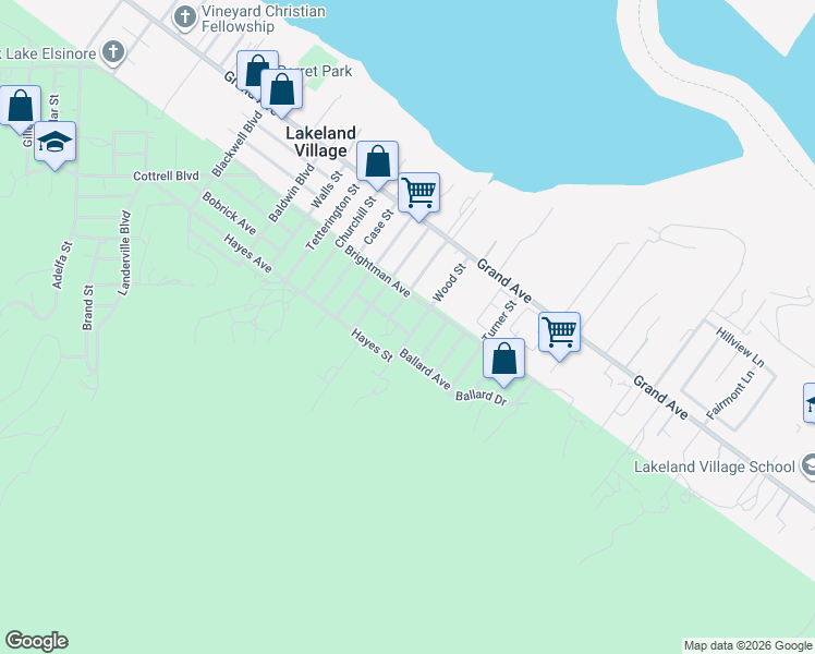 map of restaurants, bars, coffee shops, grocery stores, and more near 33217 Wood Street in Lake Elsinore