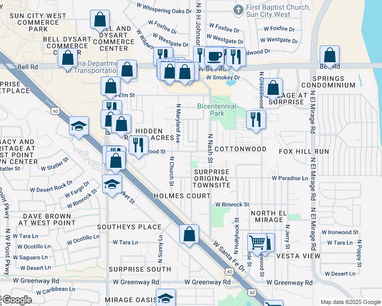 map of restaurants, bars, coffee shops, grocery stores, and more near 16322 North Desert Sage Drive in Surprise