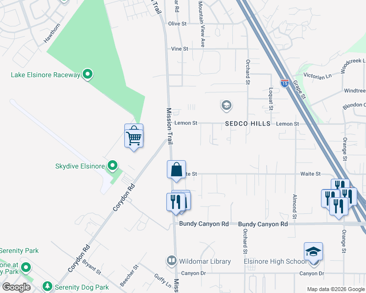 map of restaurants, bars, coffee shops, grocery stores, and more near 33600 Mission Trail in Wildomar