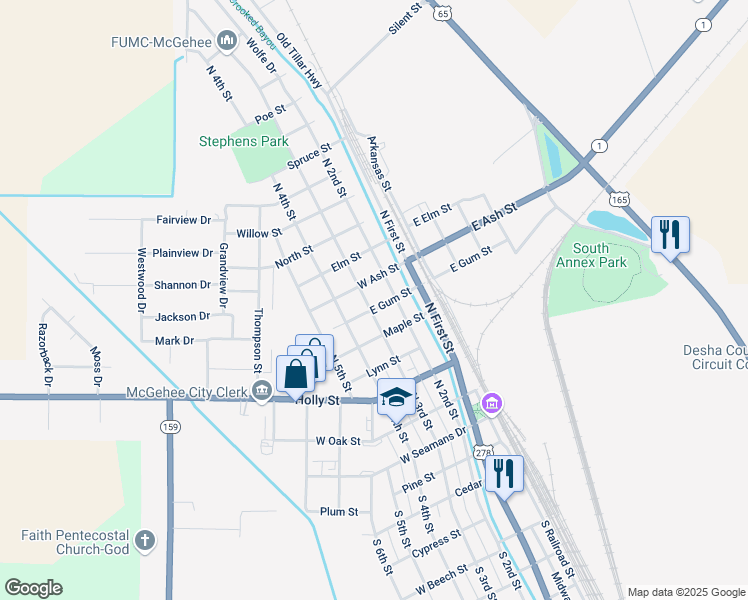 map of restaurants, bars, coffee shops, grocery stores, and more near 213 East Ash Street in McGehee