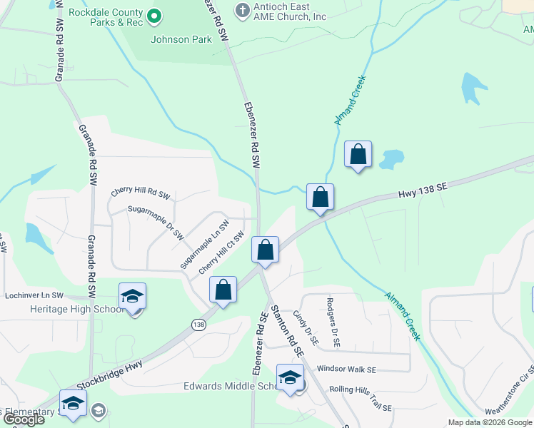 map of restaurants, bars, coffee shops, grocery stores, and more near 2240 Ebenezer Road Southwest in Conyers