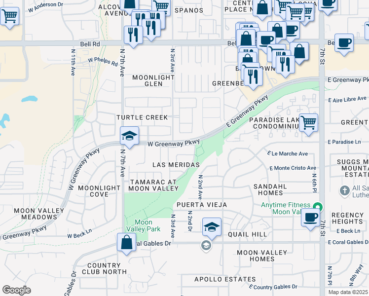 map of restaurants, bars, coffee shops, grocery stores, and more near 309 West Sumerset Drive in Phoenix