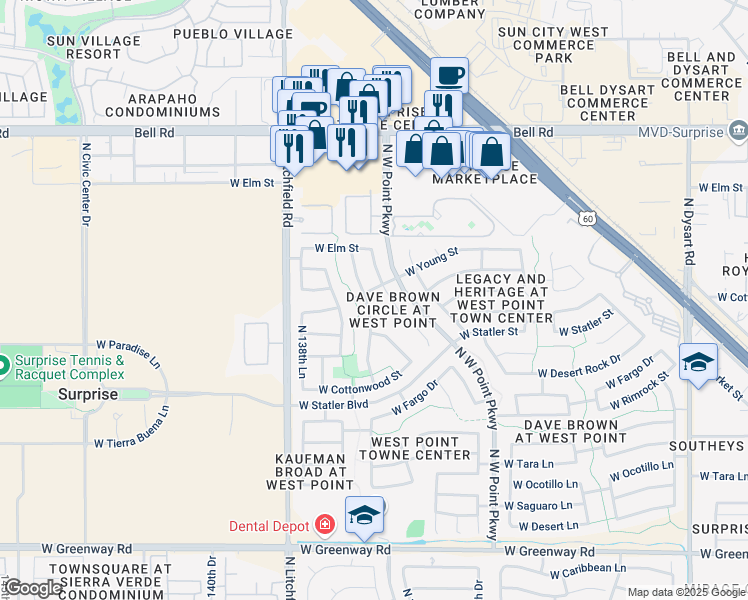 map of restaurants, bars, coffee shops, grocery stores, and more near 16397 North 137th Drive in Surprise