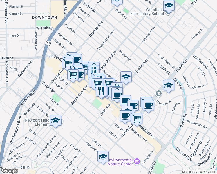 map of restaurants, bars, coffee shops, grocery stores, and more near 1741 Tustin Avenue in Costa Mesa